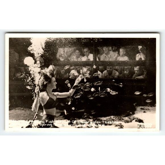 Weeki Wachee Mermaid Real Photo Florida Postcard Lady Feeds Fish Underwater RPPC